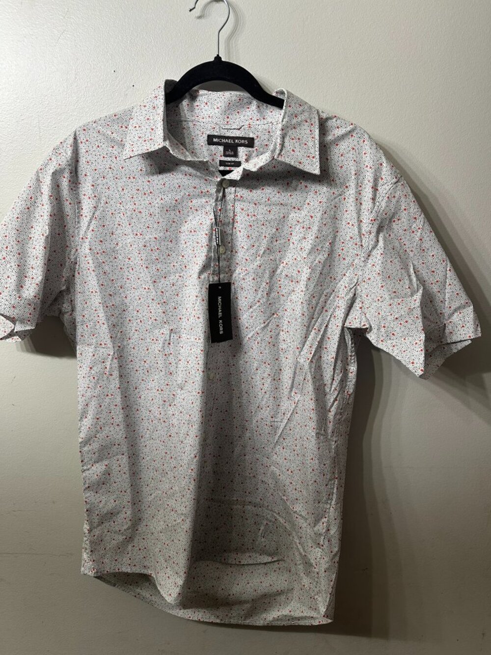 NWT Michael Kors Men’s L Slim Fit Short Sleeve Micro Dot Button Down Shirt